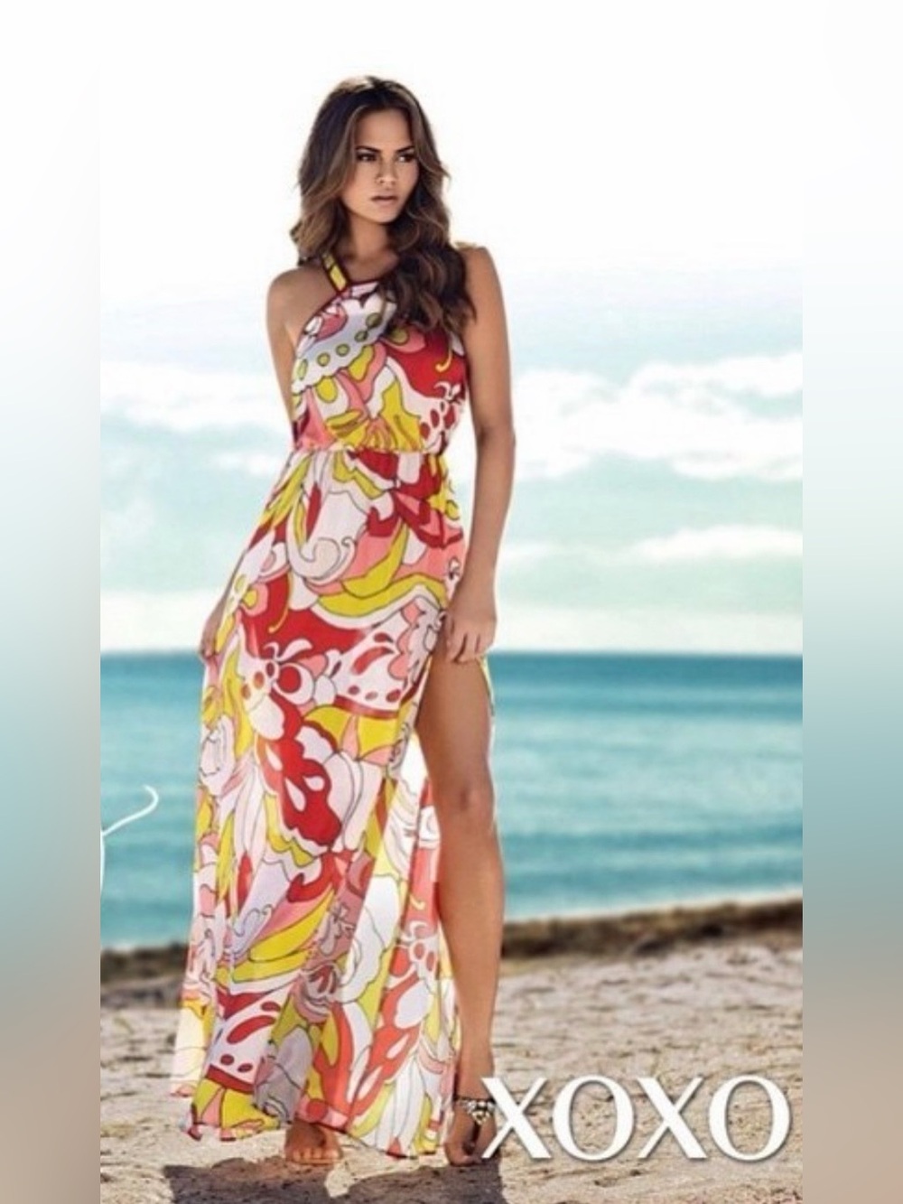 Y2K XOXO Red, Yellow & White Floral Halter Maxi Dress